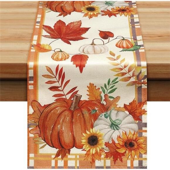Fall Table Runner, Plaid Pumpkin Maple Leaves Table Runners for Autumn Harvest - Picture 7 of 7